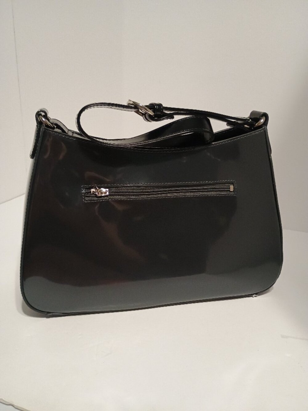 Beijo Classic Black Patent Leather Look Studded Shoulder Bag Y2K Buckle Accent - Picture 3 of 12